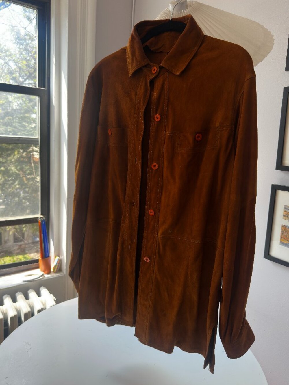 Vtg 70s Suede Leather Shirt Jacket Cognac Burnt Orange Western Shacket